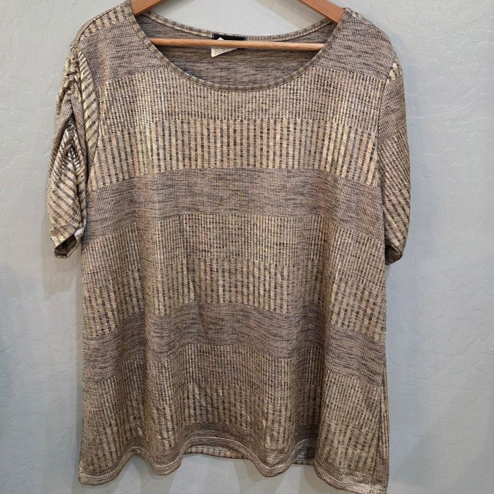 Espresso Gold Metallic Ruch Sleeve Knit Top 2X Bronze Shimmer Scoop Woman Blouse